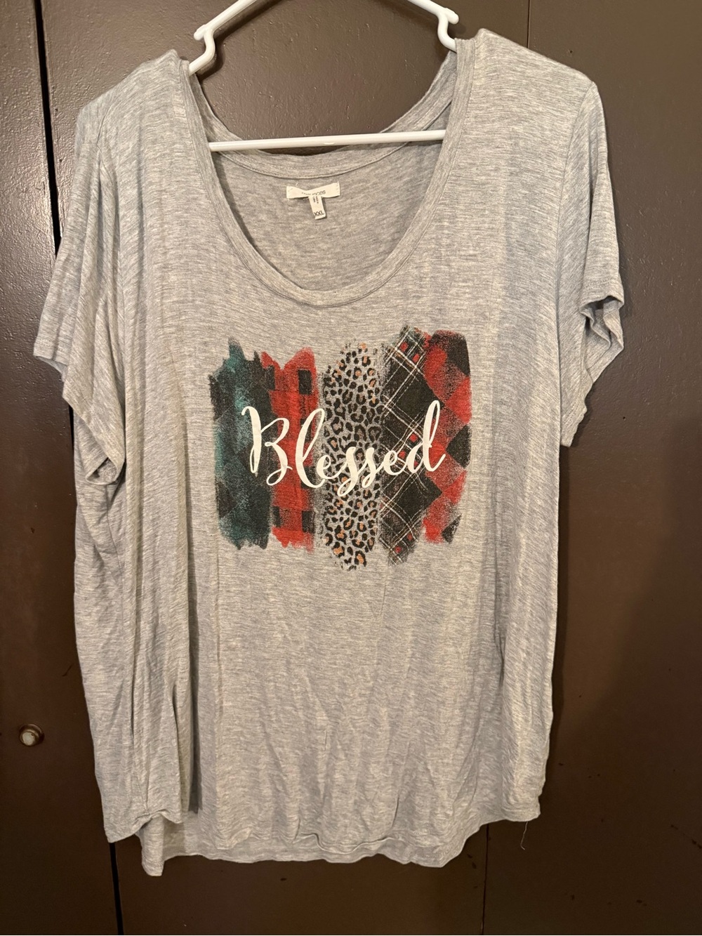Maurices Gray 'Blessed' Graphic Tee with Red, Teal & Leopard Accents